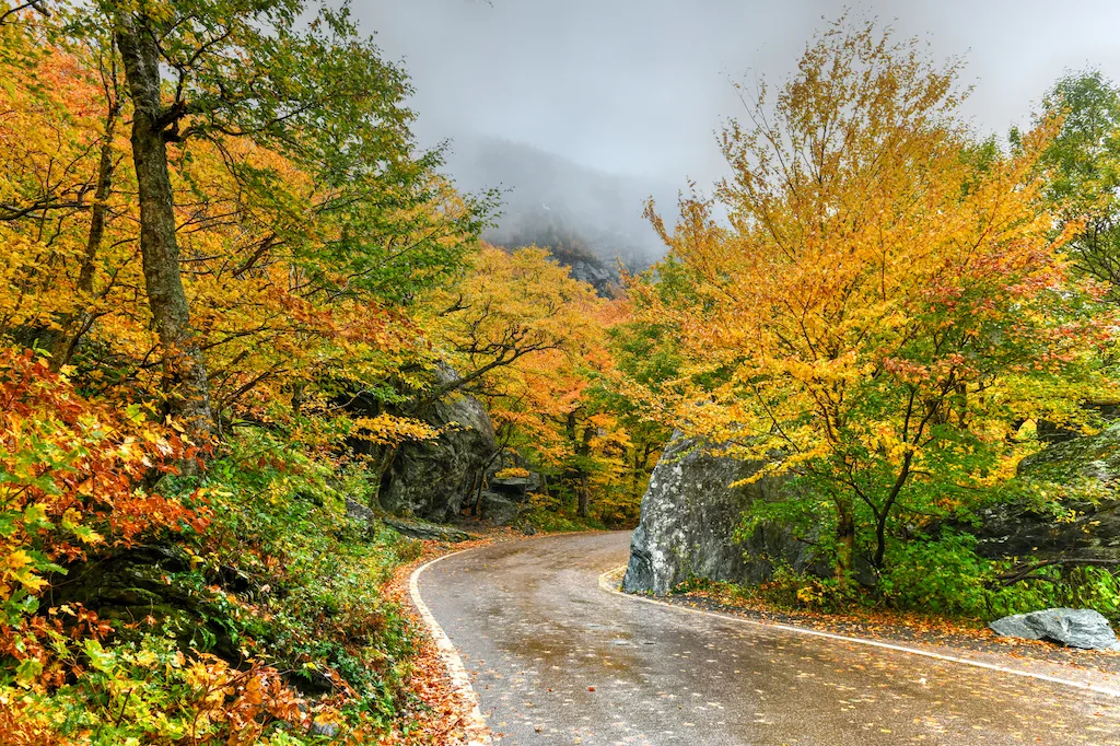 The road through Smuggler's Notch in Vermont in October