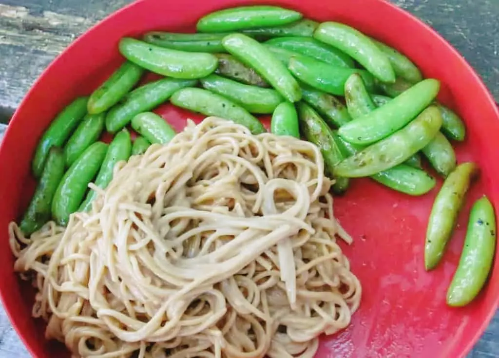 A plate of noodles topped with spicy peanut sauce for camping. 