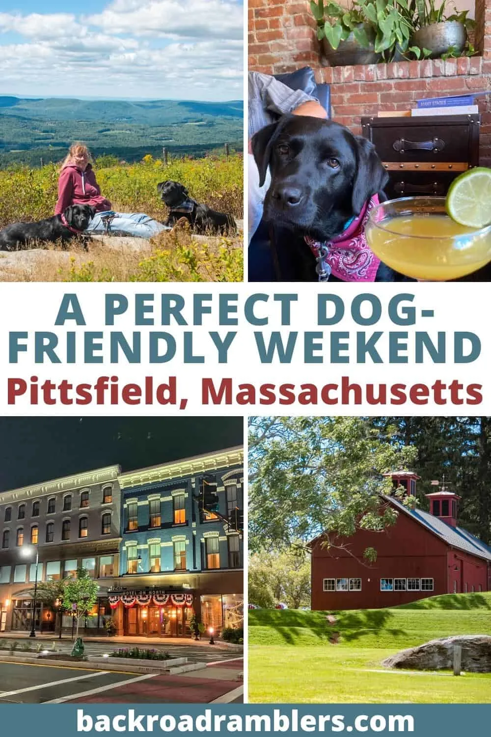 A collage of photos featuring the best things to do in Pittsfield MA. Text overlay: A Perfect Dog-Friendly Weekend in Pittsfeild, MA. 
