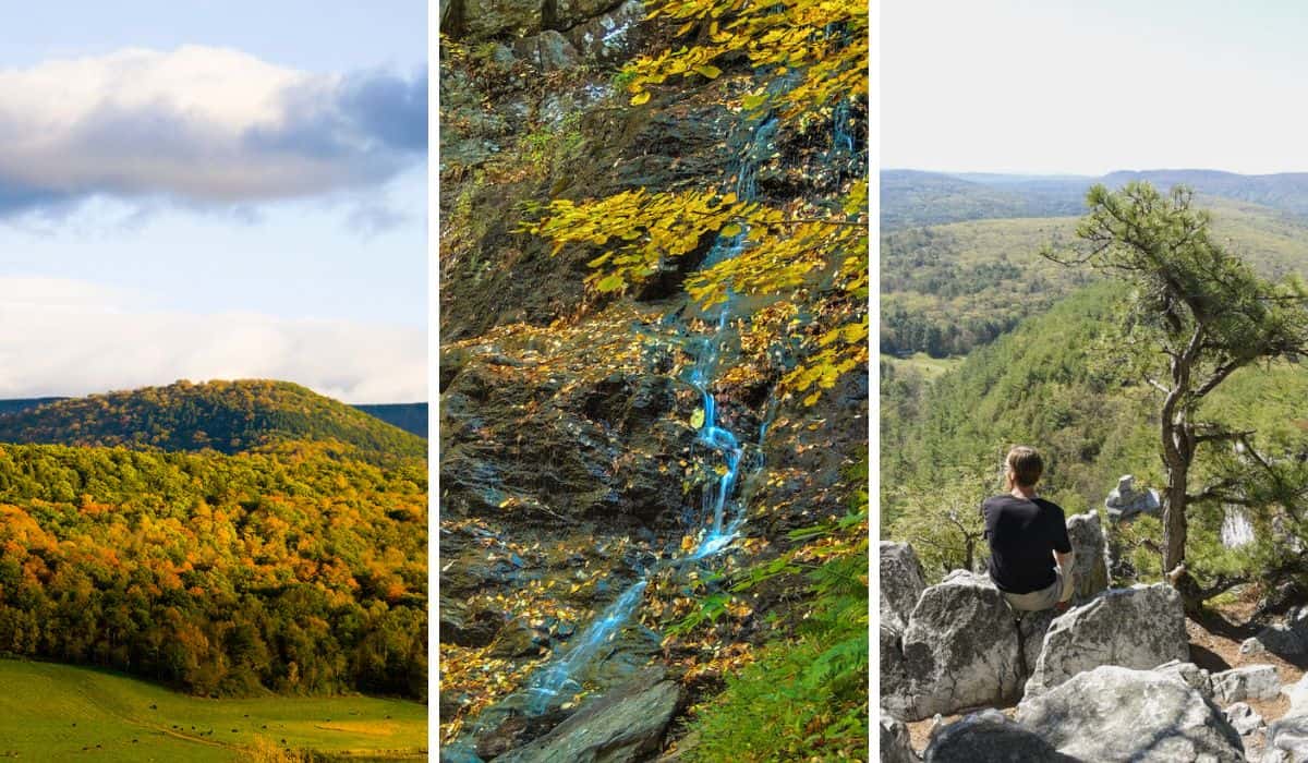 A collage of photos featuring hiking in the Berkshires of Massachusetts.