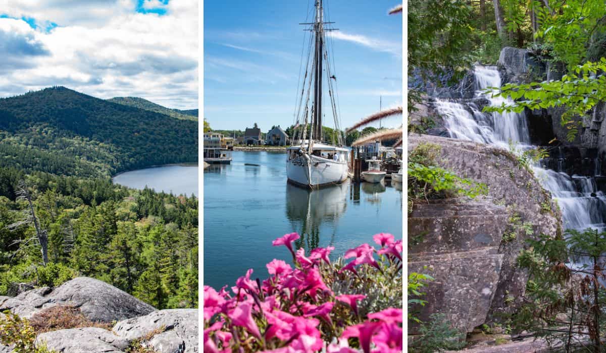 A collage of photos featuring glamping in Maine and New Hampshire
