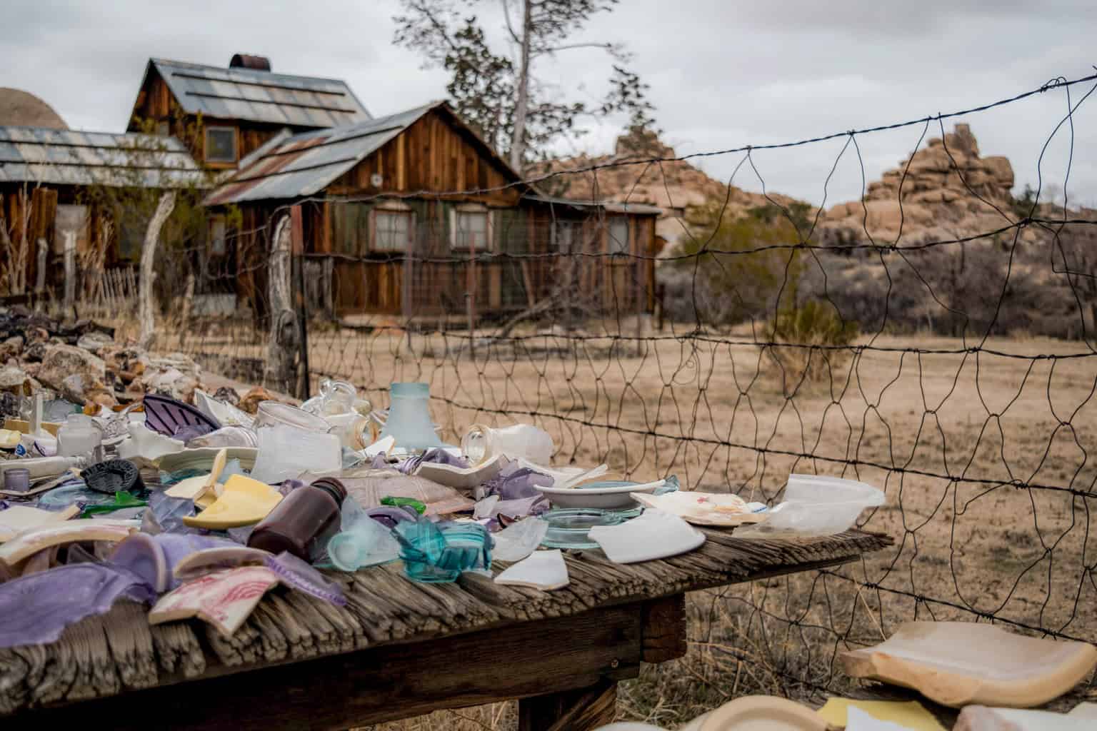 A table full of found treasures at Keys Ranch in Joshua Tree. 