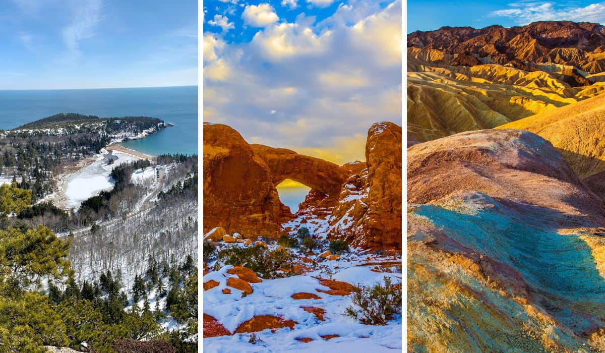 A collage of photos featuring national parks in the winter.
