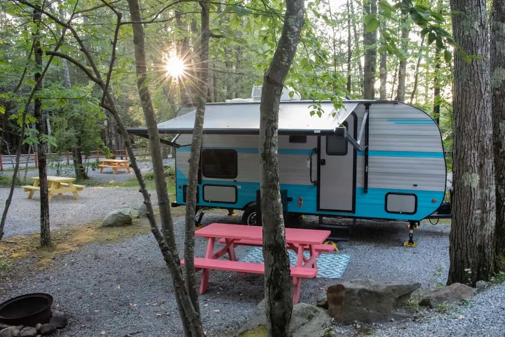 Vintage camper for rent in New Hampshire at Spacious Skies Campgrounds.