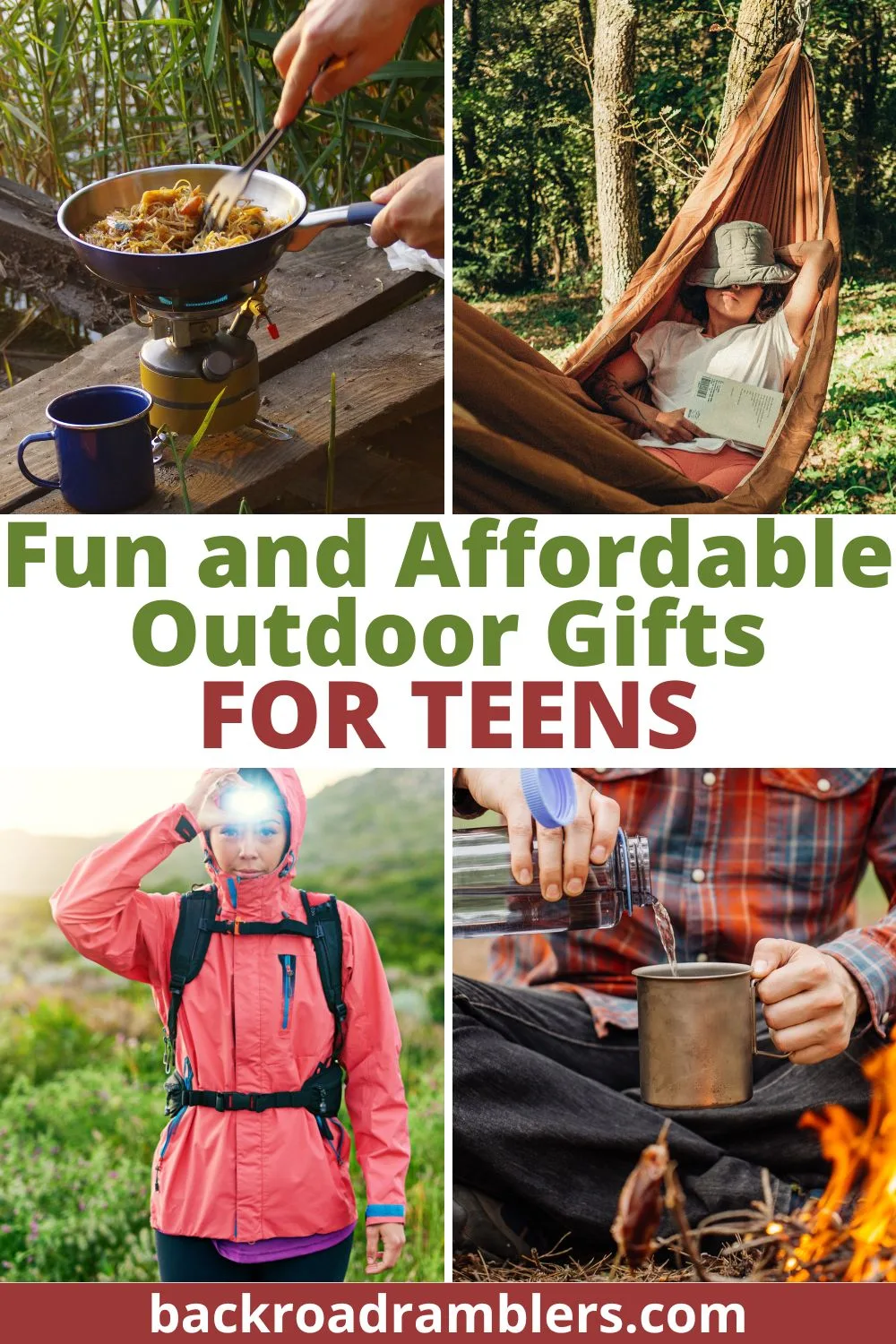 a collage of photos featuring affordable outdoor gifts for teens. 