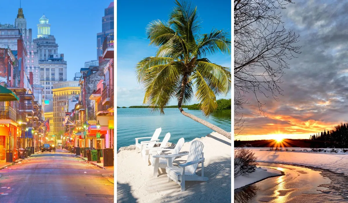 A collage of photos featuring the best winter road trips in the USA