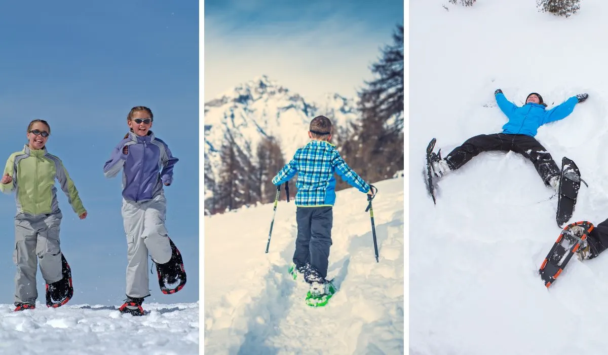 A collage of photos featuring kids of all ages snowshoeing. 