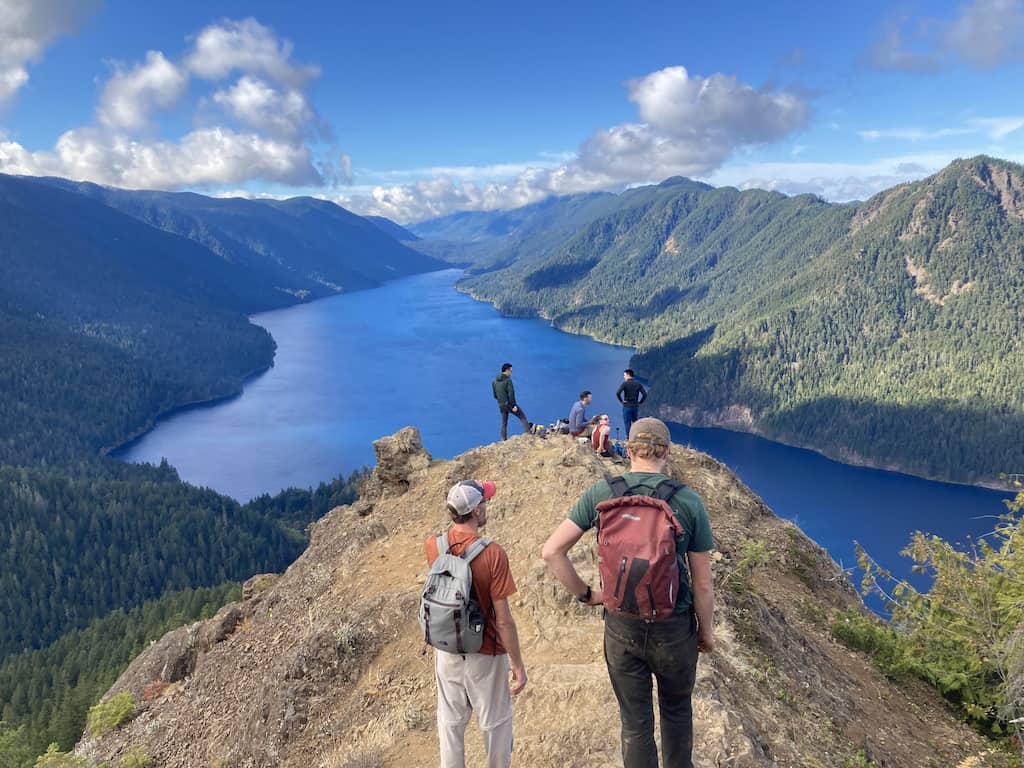 The summit of Mount Storm King with Lake Crescent in the background. 
