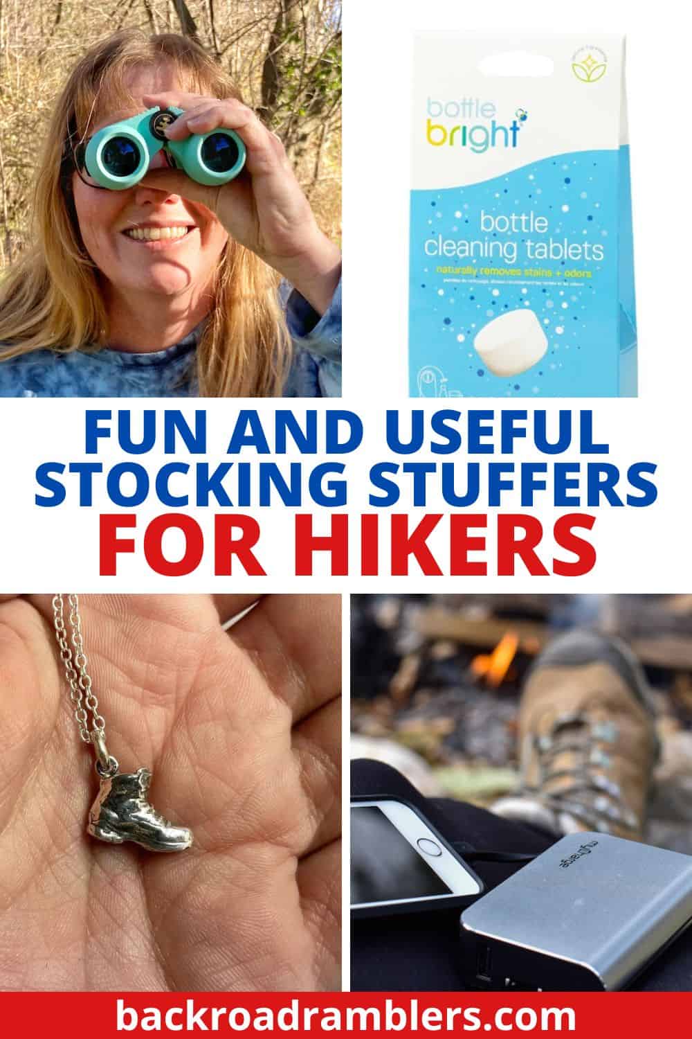 A collage of photos featuring stocking stuffers for hikers. Text overlay: Fun and Useful Stocking Stuffers for Hikers. 