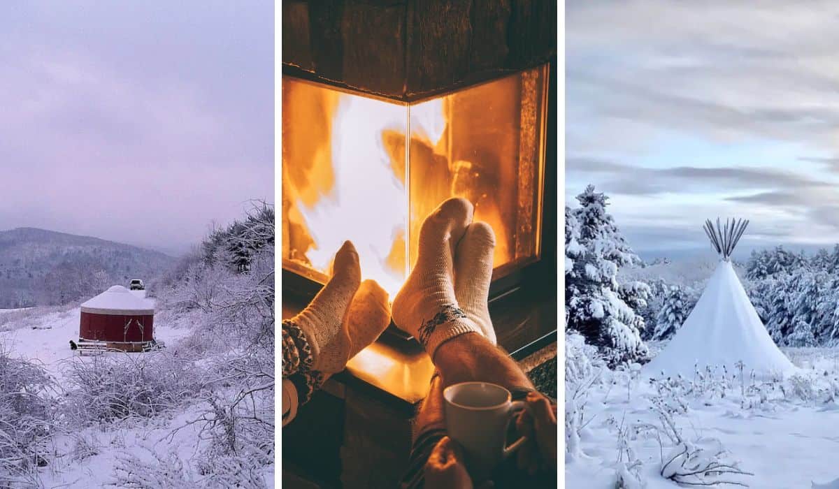A collage of photos featuring winter glamping in New York.