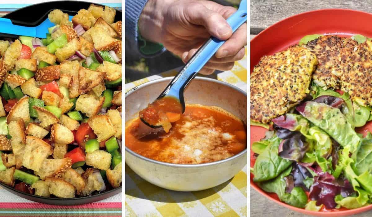 Several car camping meals are arranged on colorful plates outdoors.