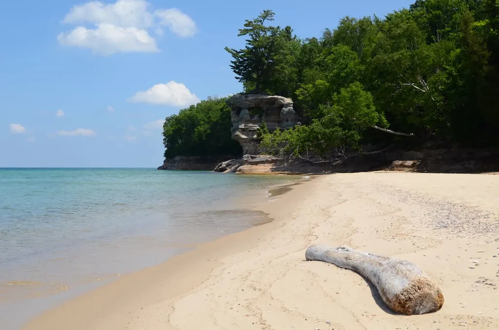 Chapel Beach and Chapel Rock in Pictured Rocks National Lakeshore. 