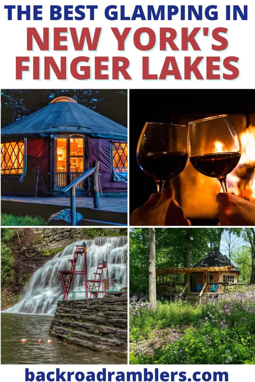 A collage of photos featuring Finger Lakes glamping spots. Text overlay: The Best Glamping in New York's Finger Lakes. 