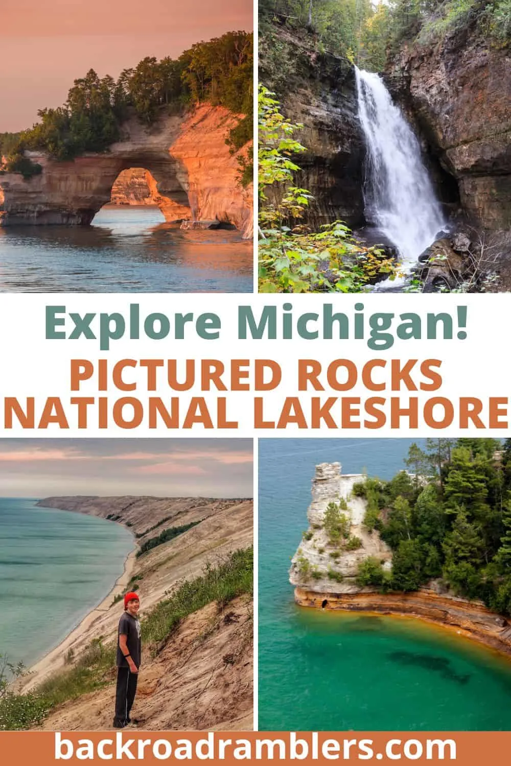 A collage of photos featuring Pictured Rocks National Lakeshore. Text overlay - Explore Michigan: Pictured Rocks National Lakeshore.