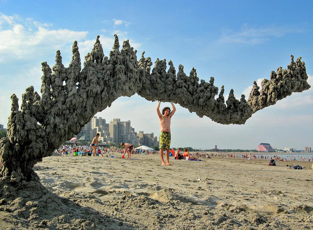 A gravity-defying sculpture on Rever Beach near Boston.