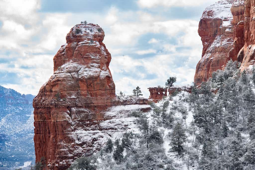 Snowy red rocks in Sedona, Arizona.