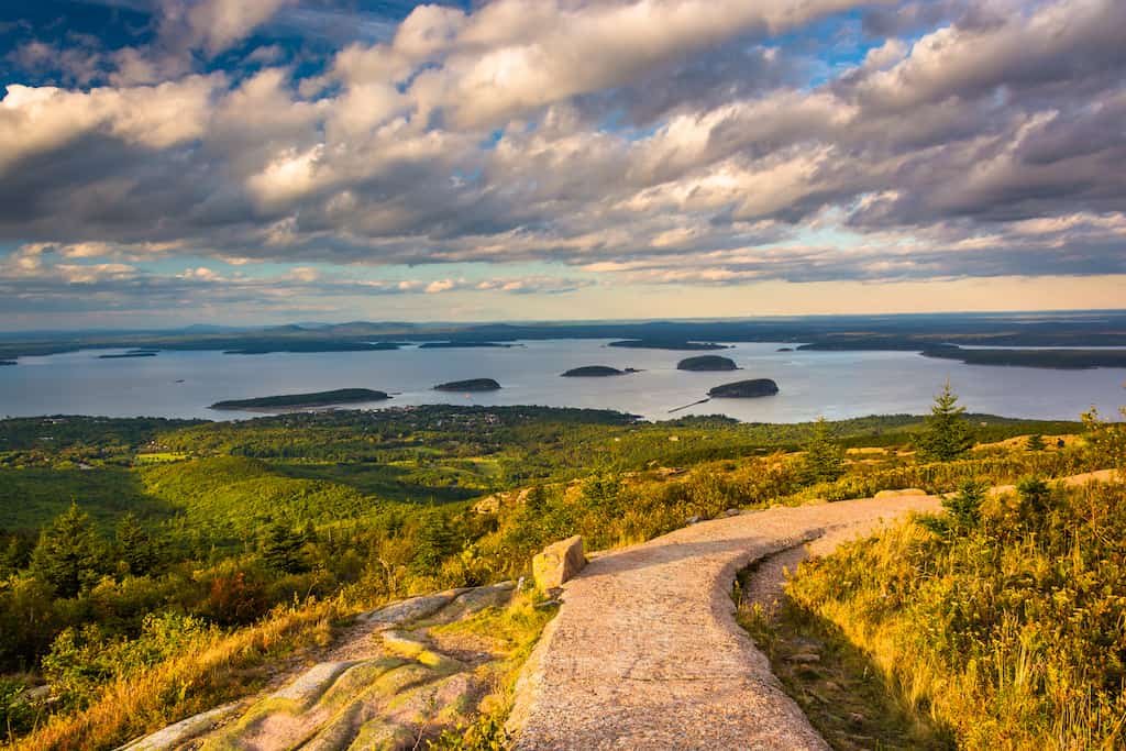 View of the Atlantic Ocean from the top of Cadillac Mountain in Acadia National Park, Maine.