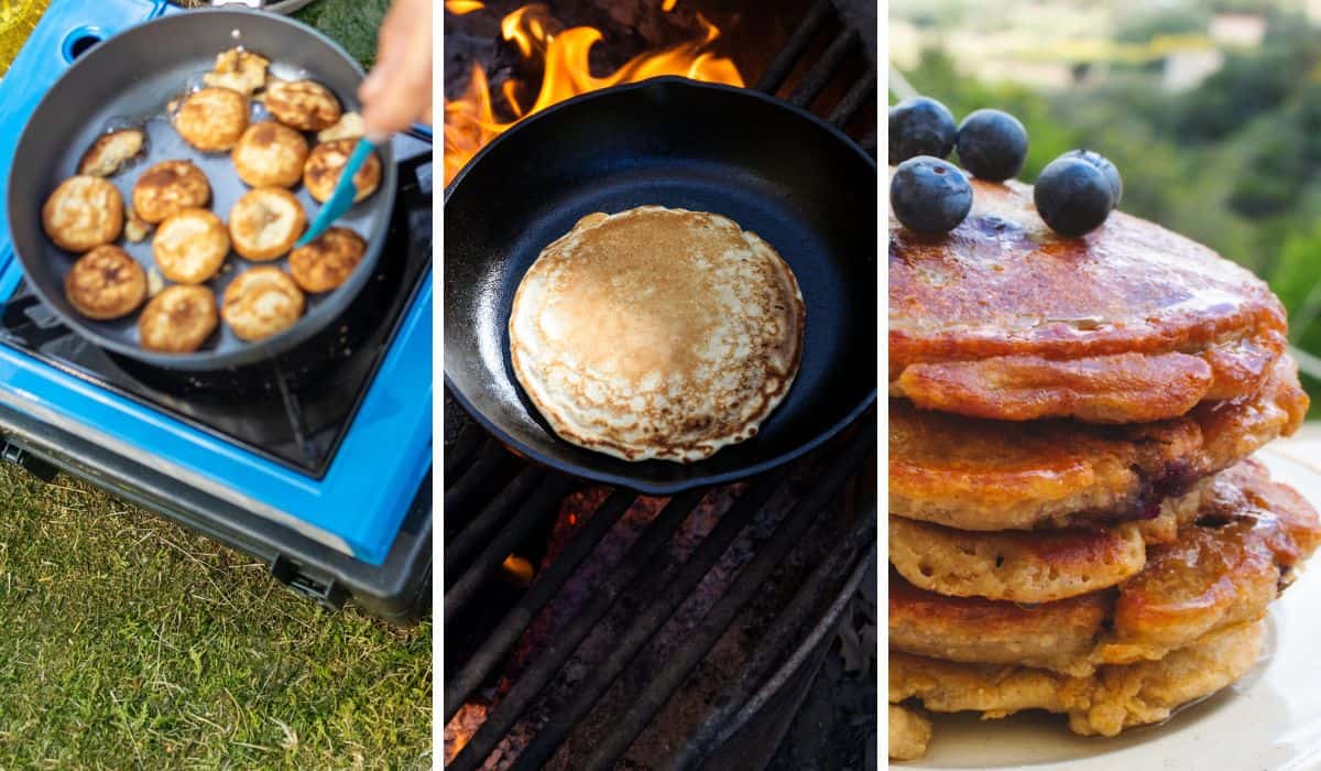 camping pancakes with different toppings.