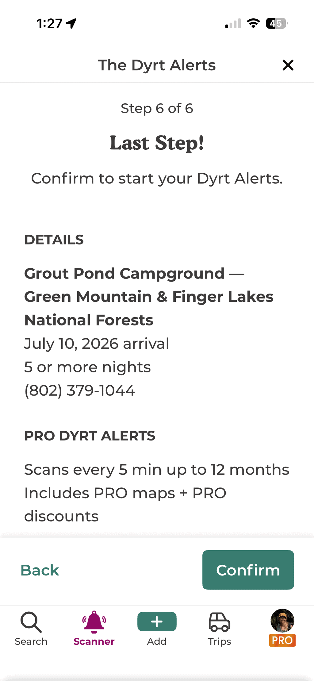 The Dyrt Alerts screenshot.