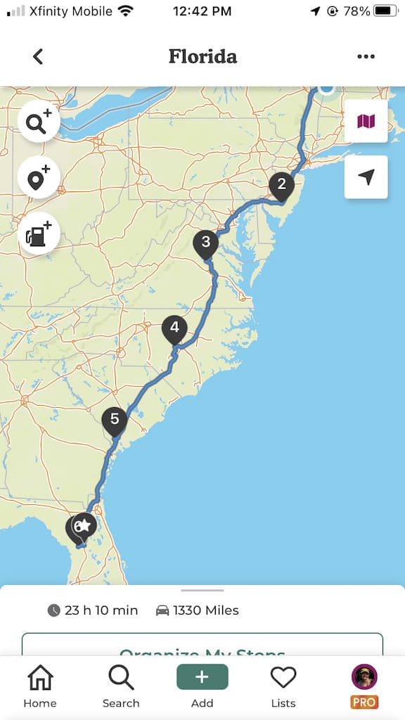 Screenshot of road trip planner on The Dyrt app.