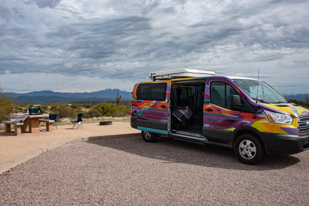 Our Escape Campervan at a campsite in McDowell Mountain Regional Park.