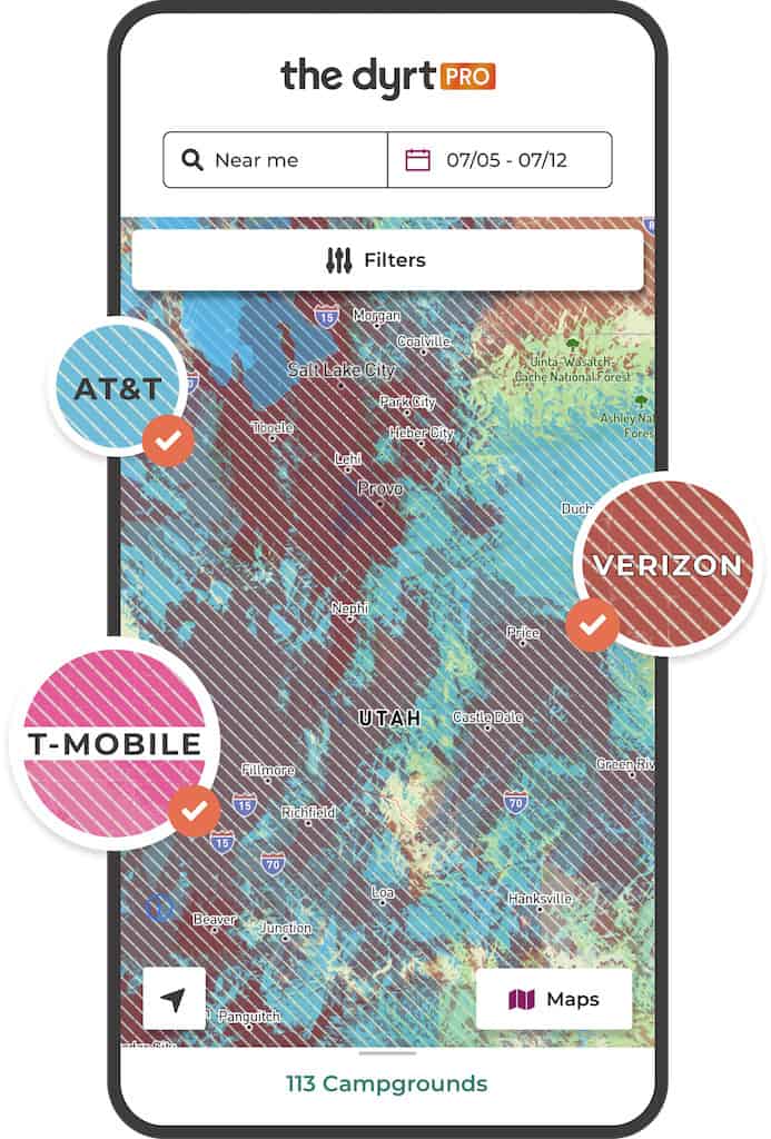 Screenshot of cell phone coverage map on The Dyrt App.