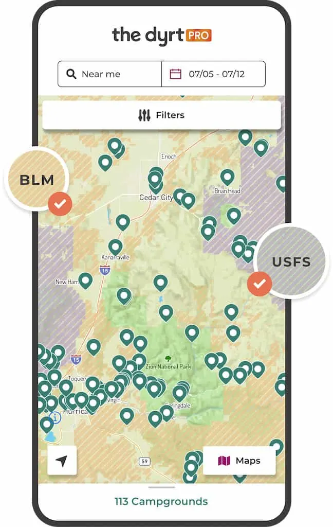 Screenshot of public lands map overlay on The Dyrt App.