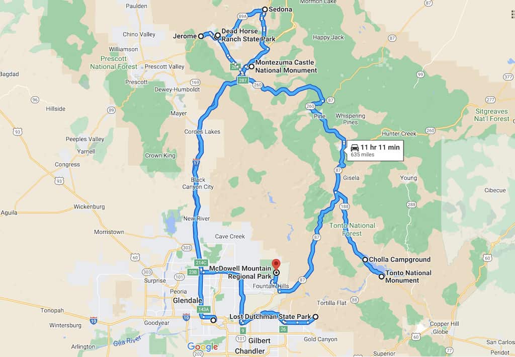 Google map showing our Arizona road trip.