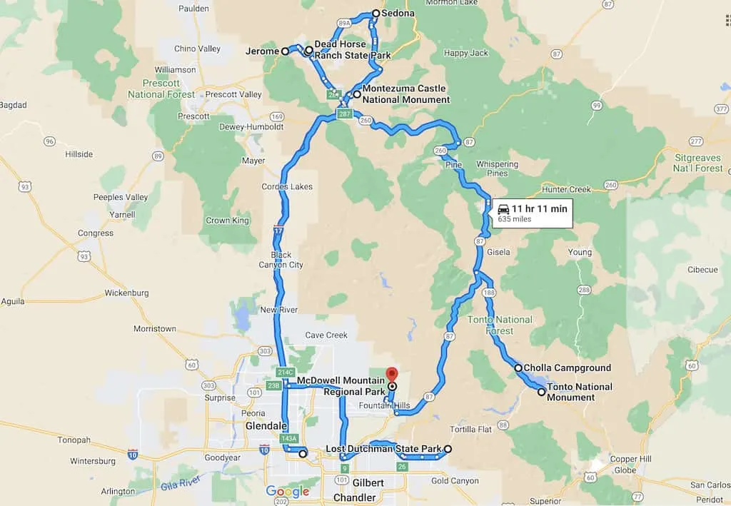 Google map showing our Arizona road trip.