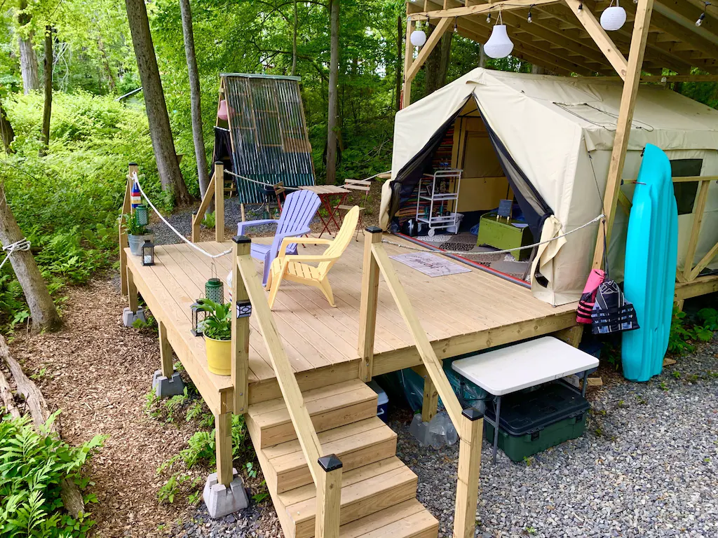 A furnished glamping tent in Ulster, New York. 