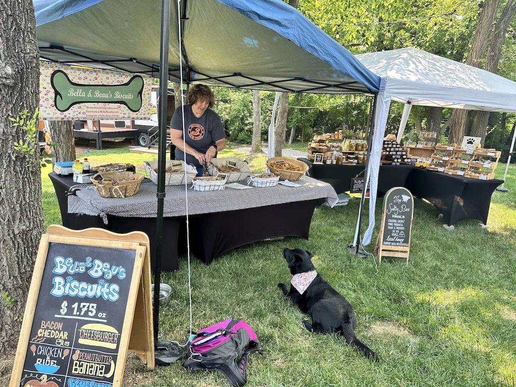 Malinda lies on the ground next to a stand selling dog biscuits in Roanoke Virginia.