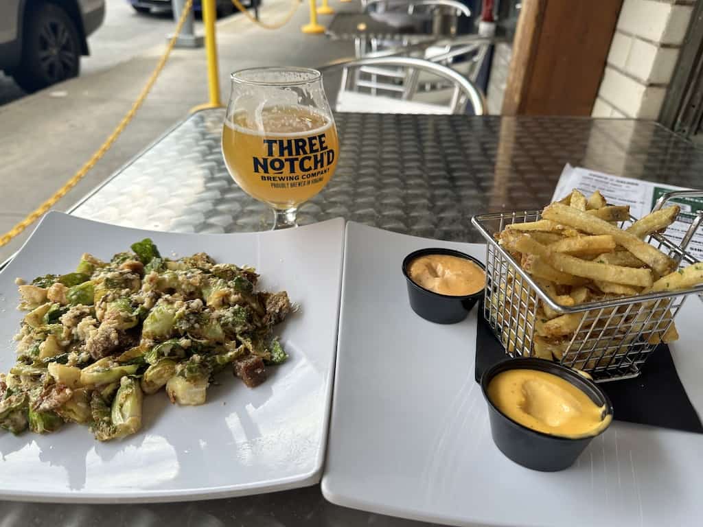 Two plates of food at Three Notch'd Brewing in Roanoke, Virginia.