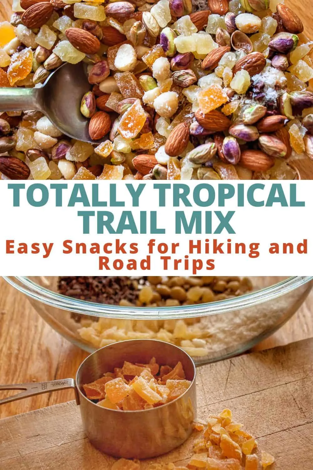 A collage of tropical trail mix photos.