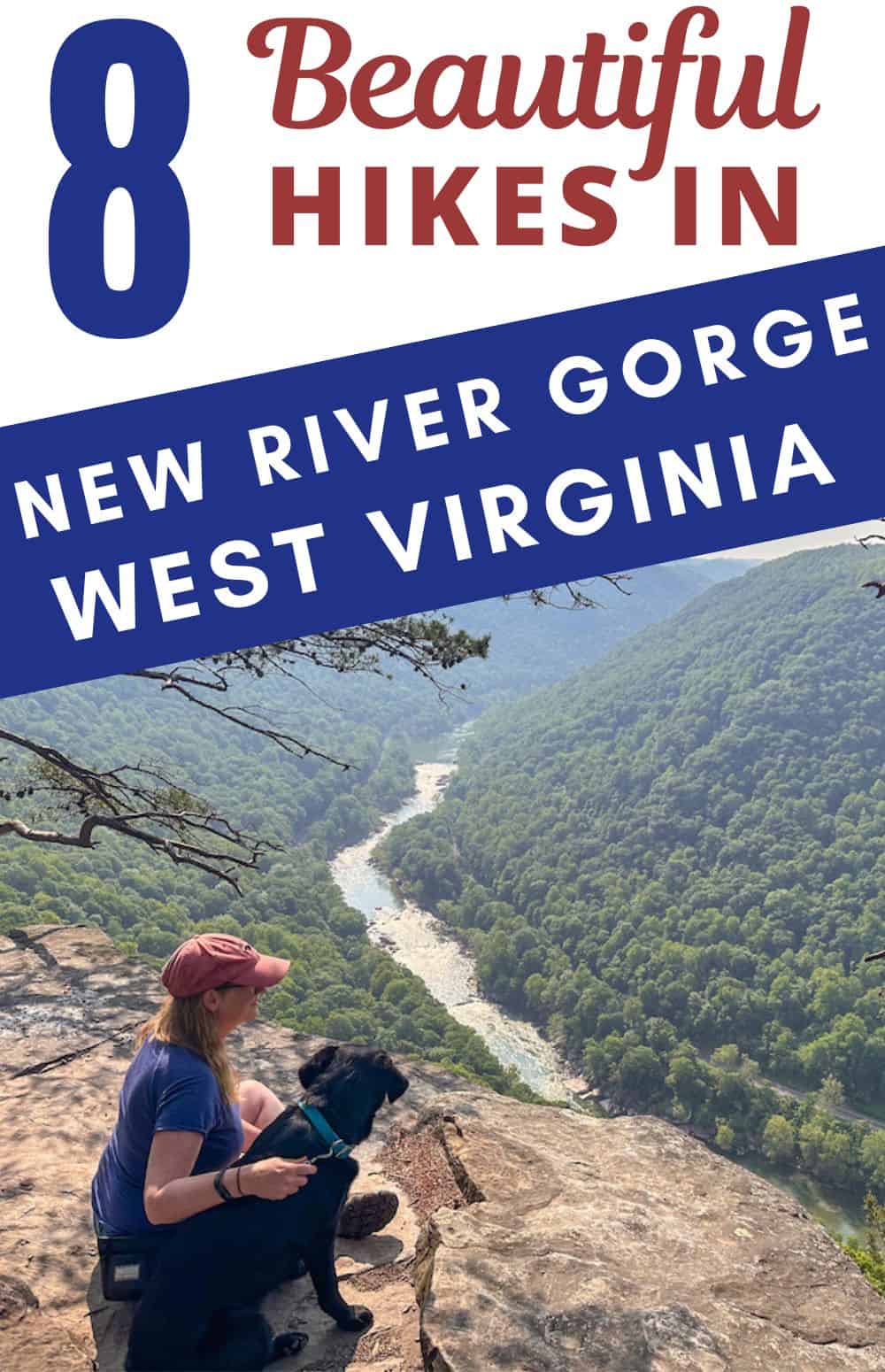 Tara sits on a rocky outcrop with a black lab overlooking the New River in New River Gorge National Park.
