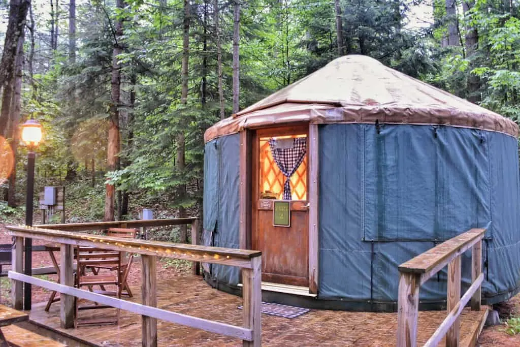 A yurt rental in New York at Spacious Skies Campground in the Adirondacks.