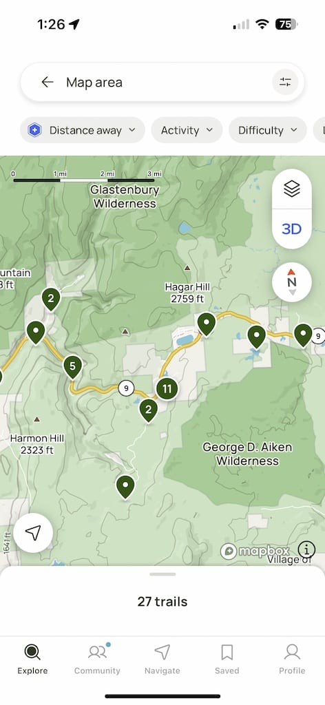 AllTrails map for finding hiking trails.