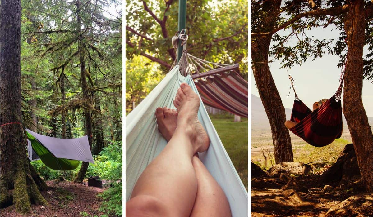 A collage of photos featuring hammock camping.