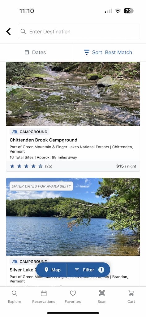 Recreation.gov campground listings in Vermont.