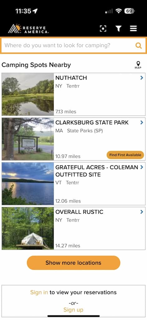 Reserve America camping app list view of campgrounds.