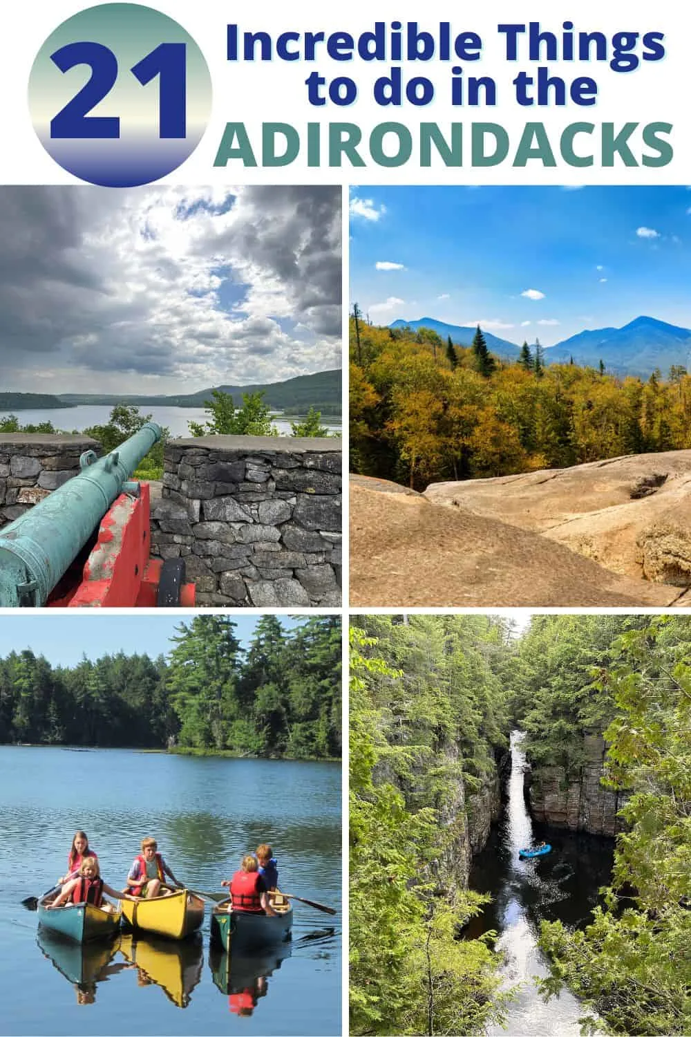 A collage of photos featuring the best things to do in the Adirondacks. 