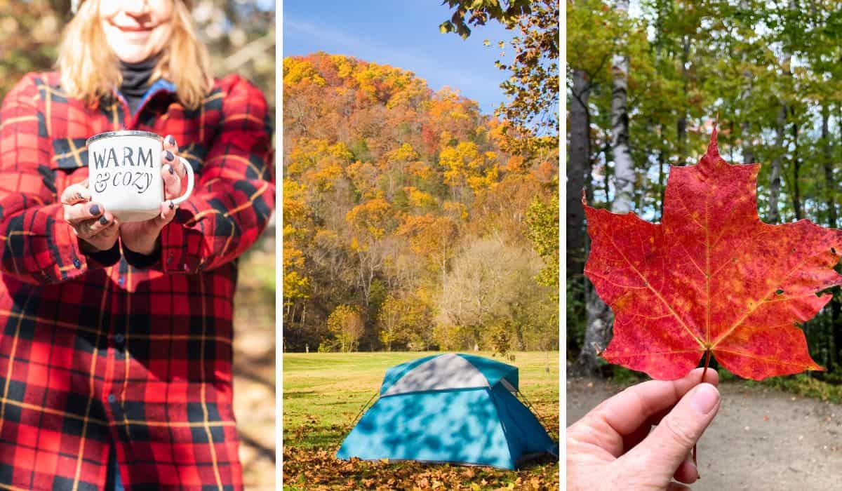 a collage featuring fall scenes in New England during a fall camping trip.