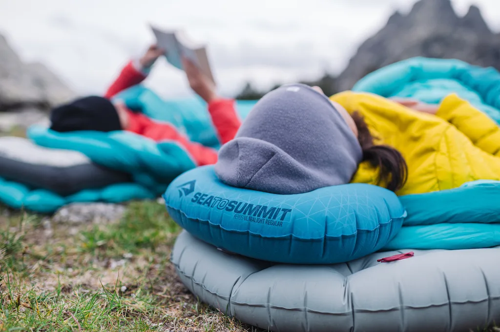 The Aeros Premium camping pillow in use. 