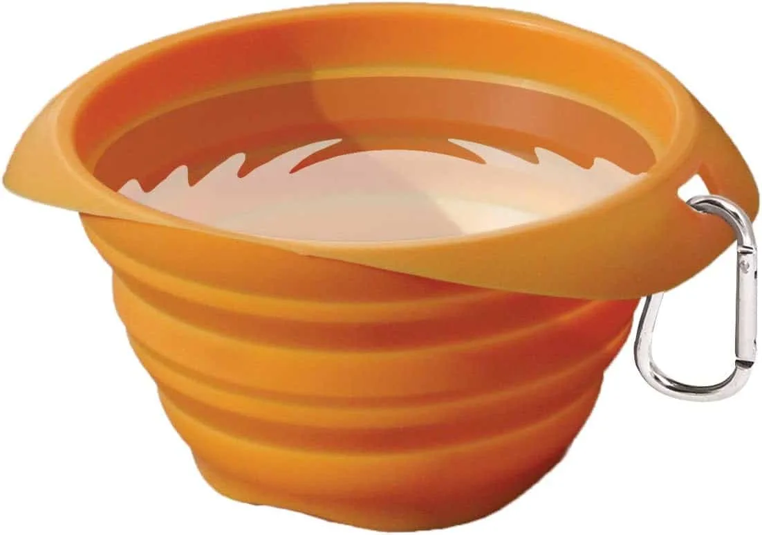 An orange collapsible dog water bowl made by Kurgo.