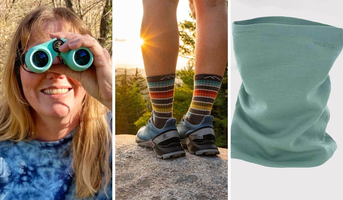 A few of our favorite stocking stuffers for hikers - binoculars, wool socks, and a wool neck gaiter.