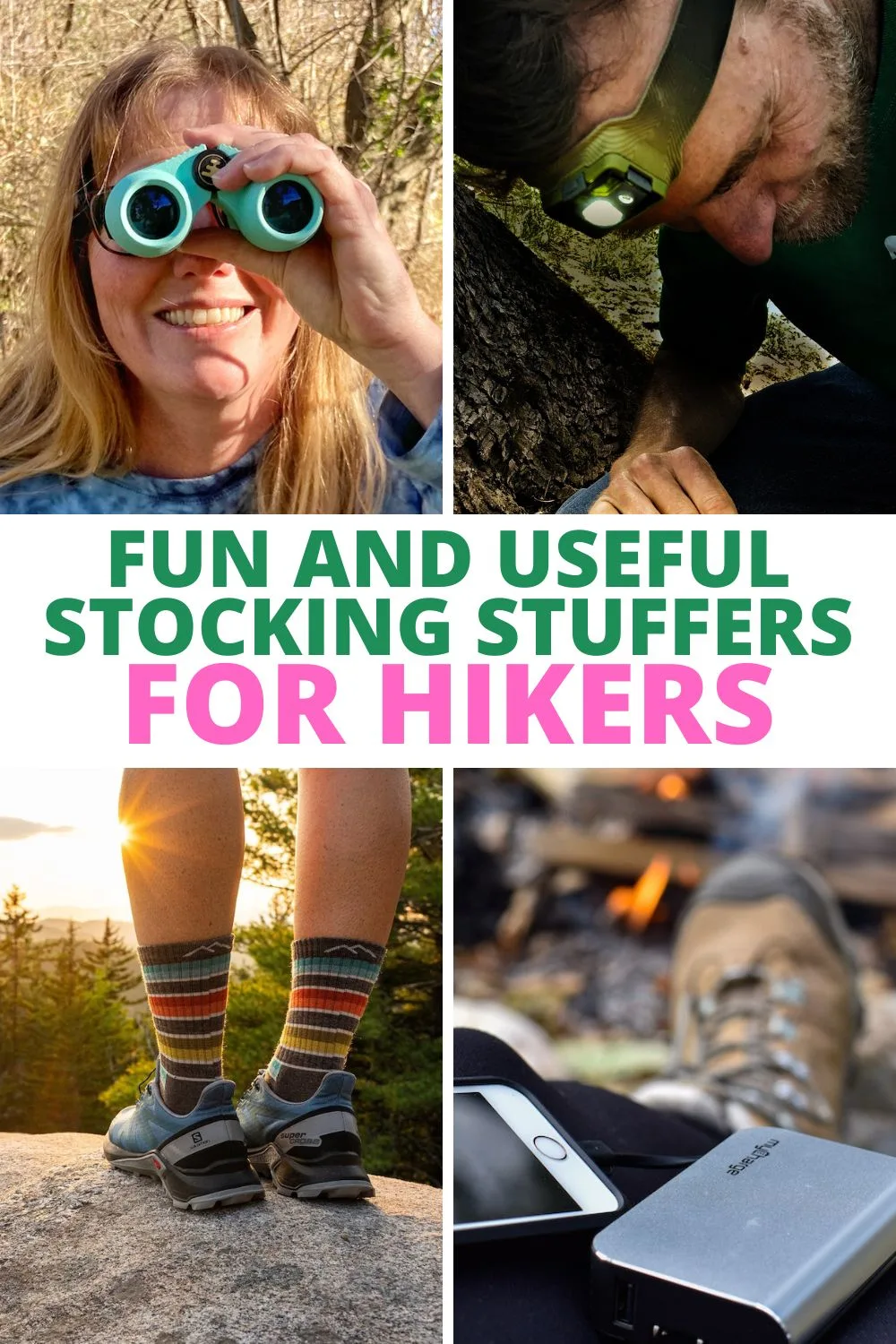 A collage featuring our favorite stocking stuffers for hikers - portable charger, wool socks, binoculars, and a head lamp.