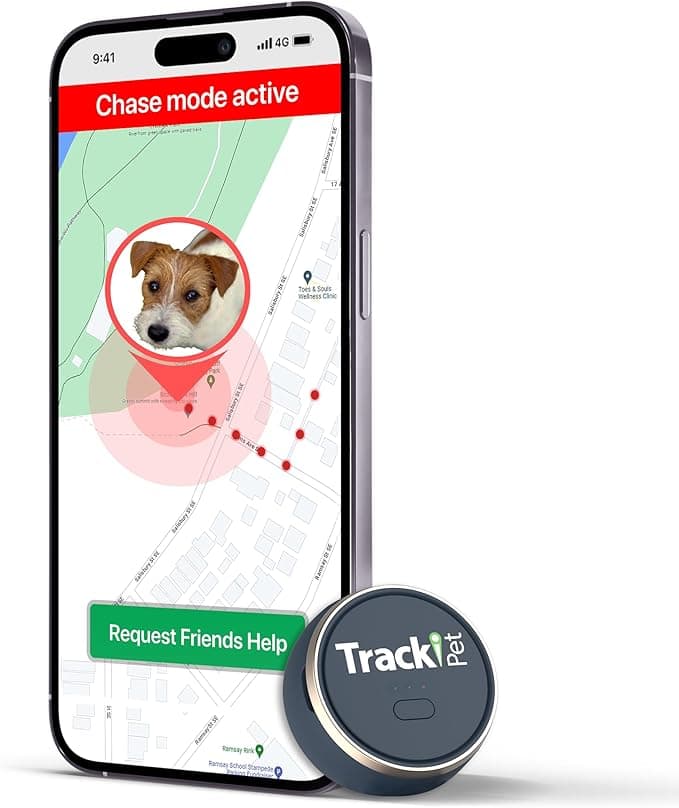 A smartphone showing the Tracki pet tracking device. 