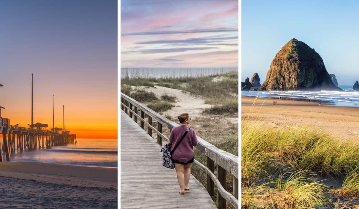 A collage of photos featuring the best beach vacations in the US.