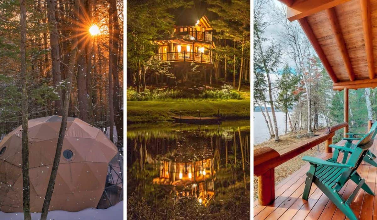 A collage of photos featuring glamping in New England. 
