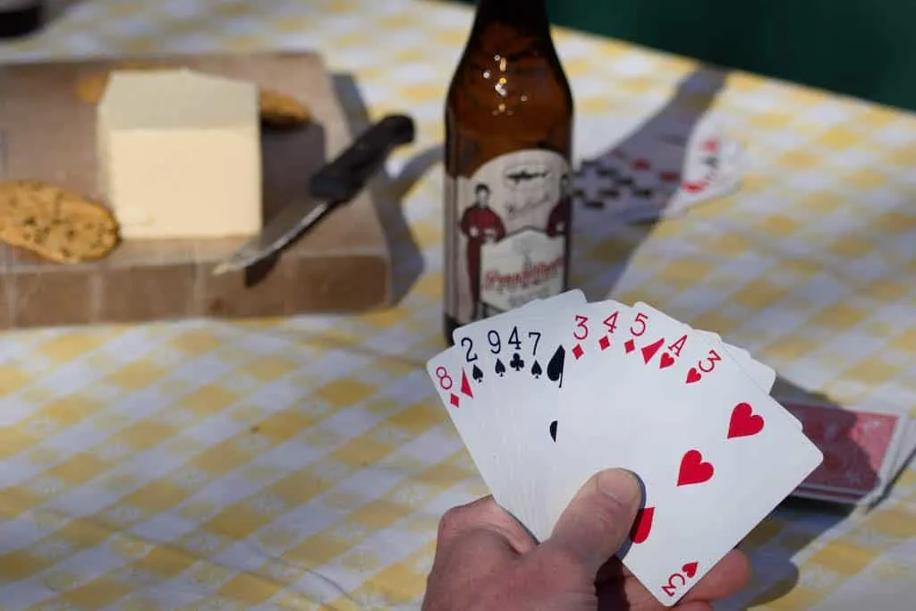 A hand of cards next to a beer and a block of cheese. 