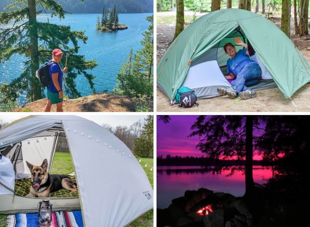 a collage of photos featuring tents, a campfire, and a hiker.